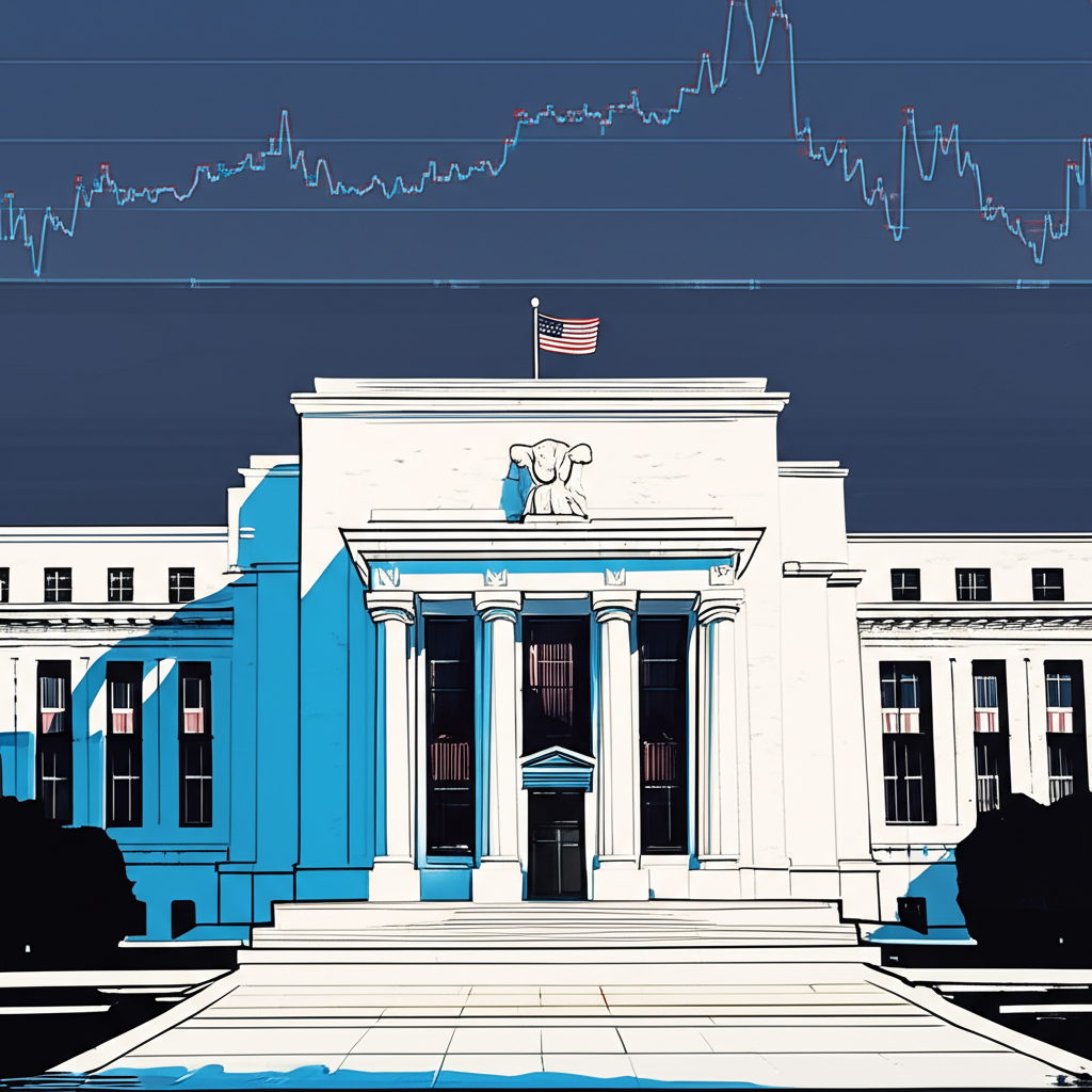 描繪聯準會建築的插圖,伴隨顯示低利率的財務圖表