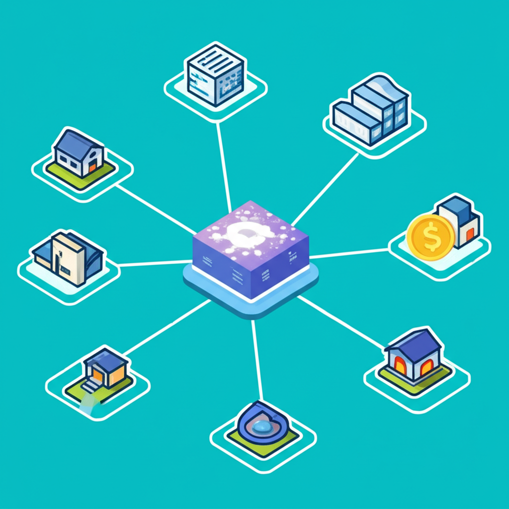 實體資產代幣化並融入DeFi生態的圖示,包含房地產與債券等元素