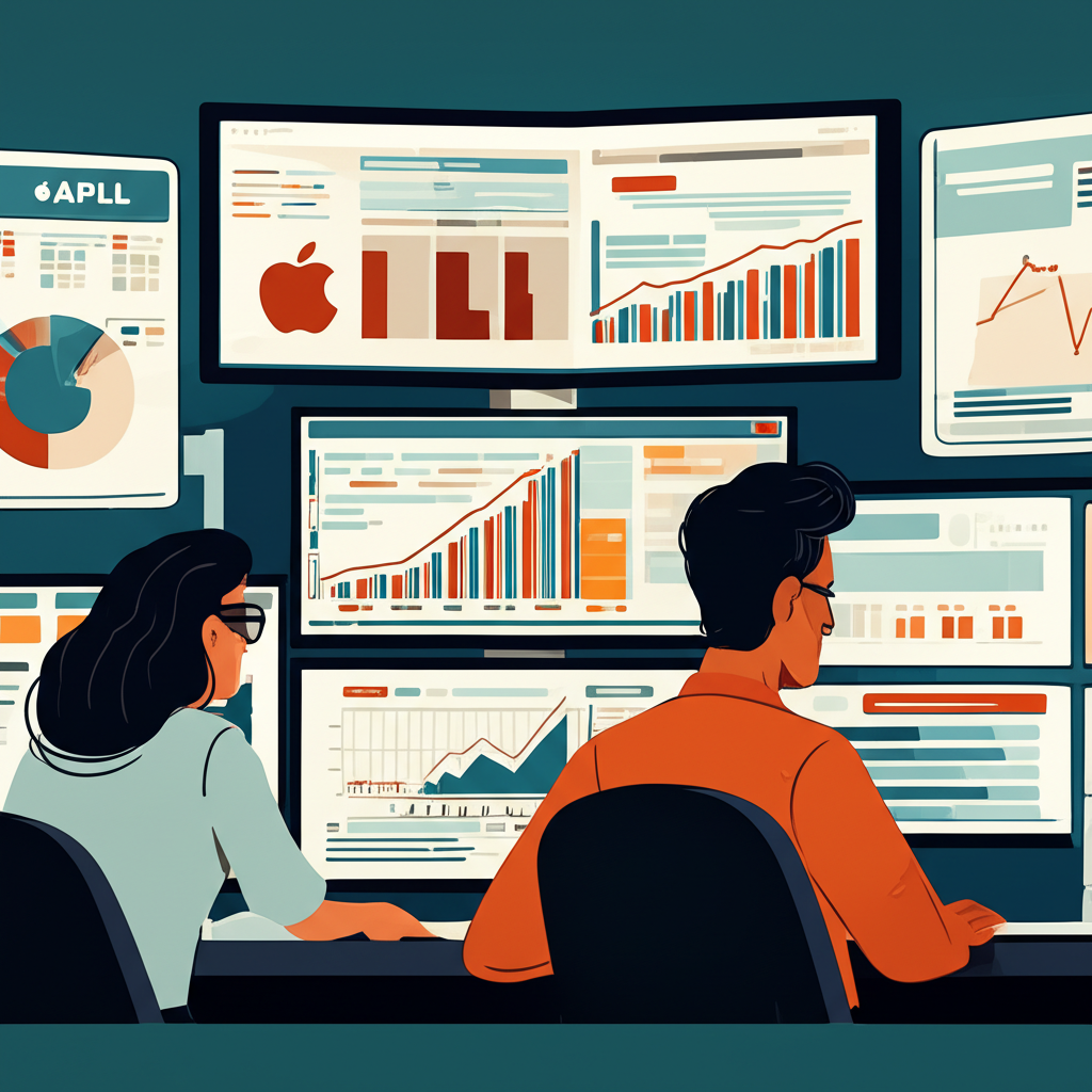 分析師審查金融數據聚焦蘋果等公司插圖