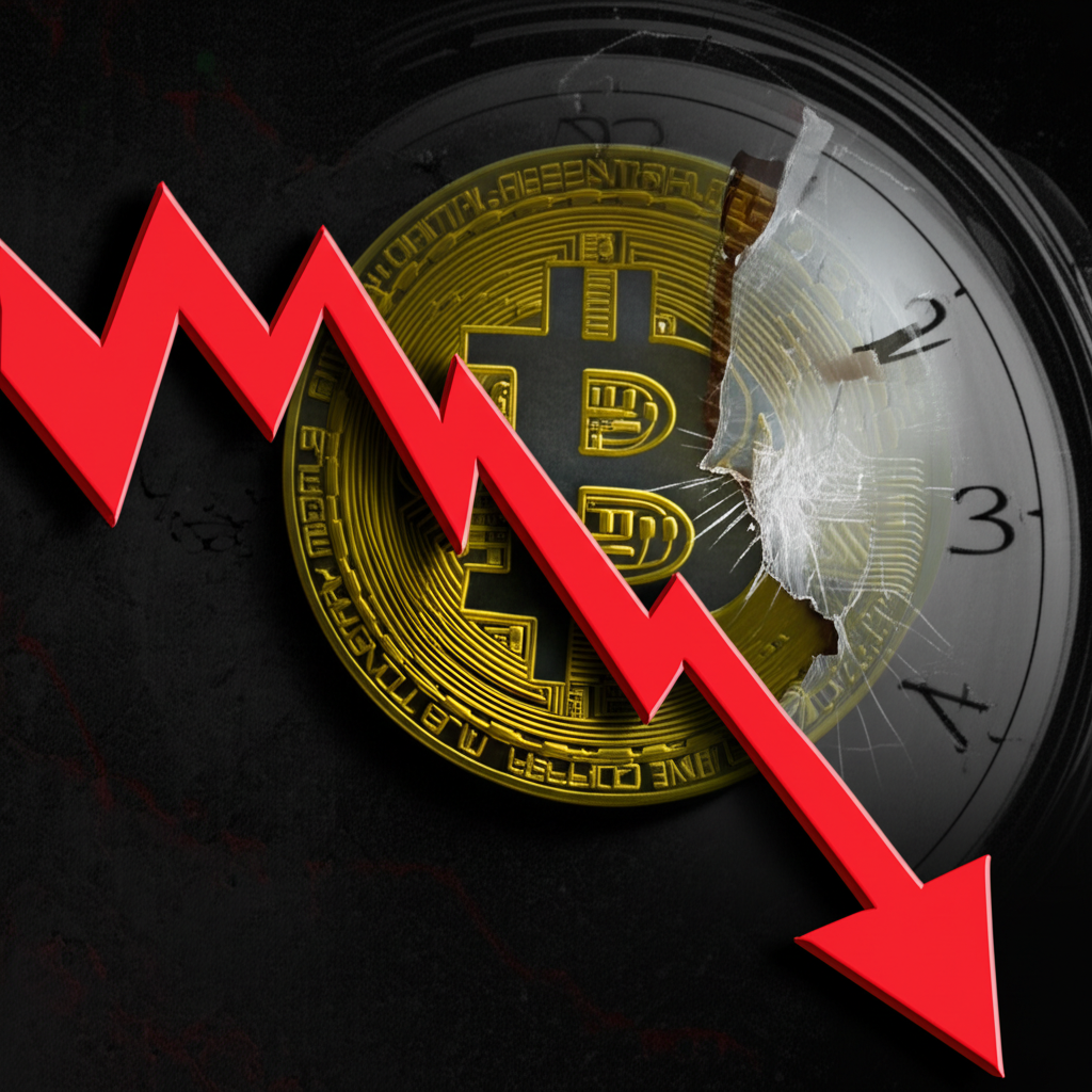 比特幣價值劇烈下跌的插圖,伴隨著象徵時間流逝的時鐘與混亂市場元素