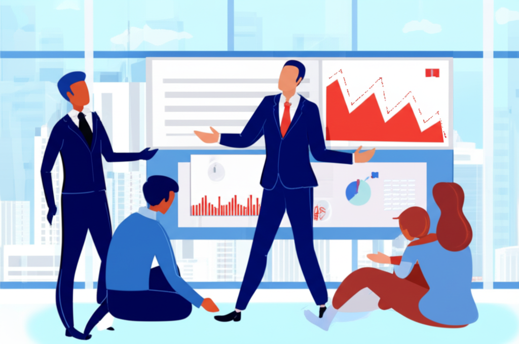 金融分析師建議客戶在股市低點買入，背景為市場圖表