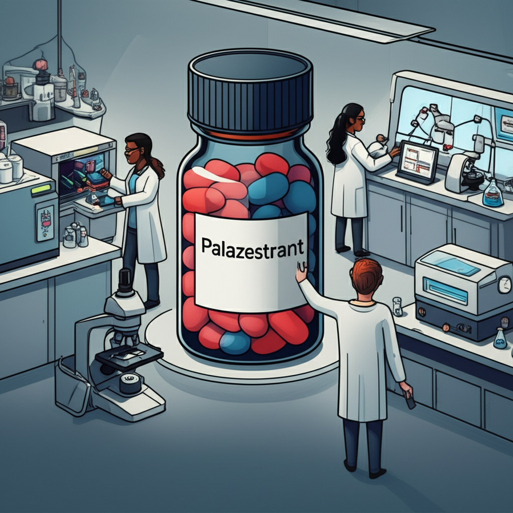 現代實驗室中科學家研究乳癌藥物 Palazestrant 的插圖