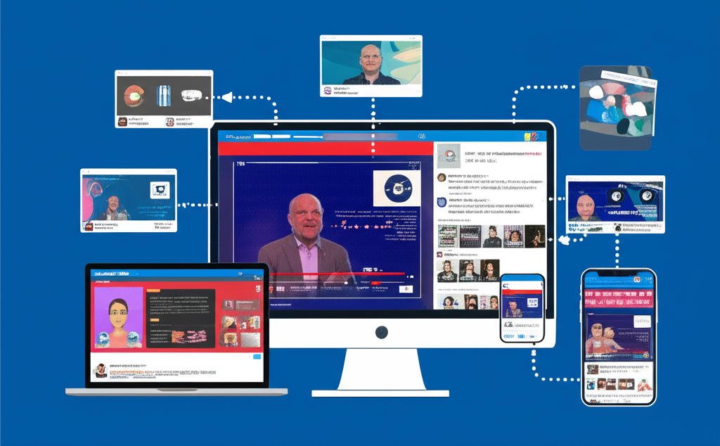 TechCrunch Disrupt 2025 線上直播平台插圖，多裝置串流科技活動的生動呈現