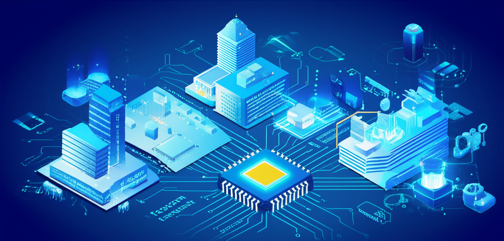 台灣科技產業景觀,展現鴻海在AI與半導體領域的創新舉措,包含現代建築與科技元素