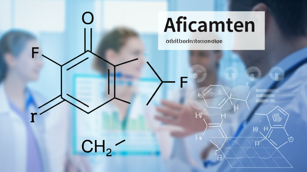 Aficamten 分子結構與臨床試驗數據的插圖,背景為醫療專業人士討論其重要性