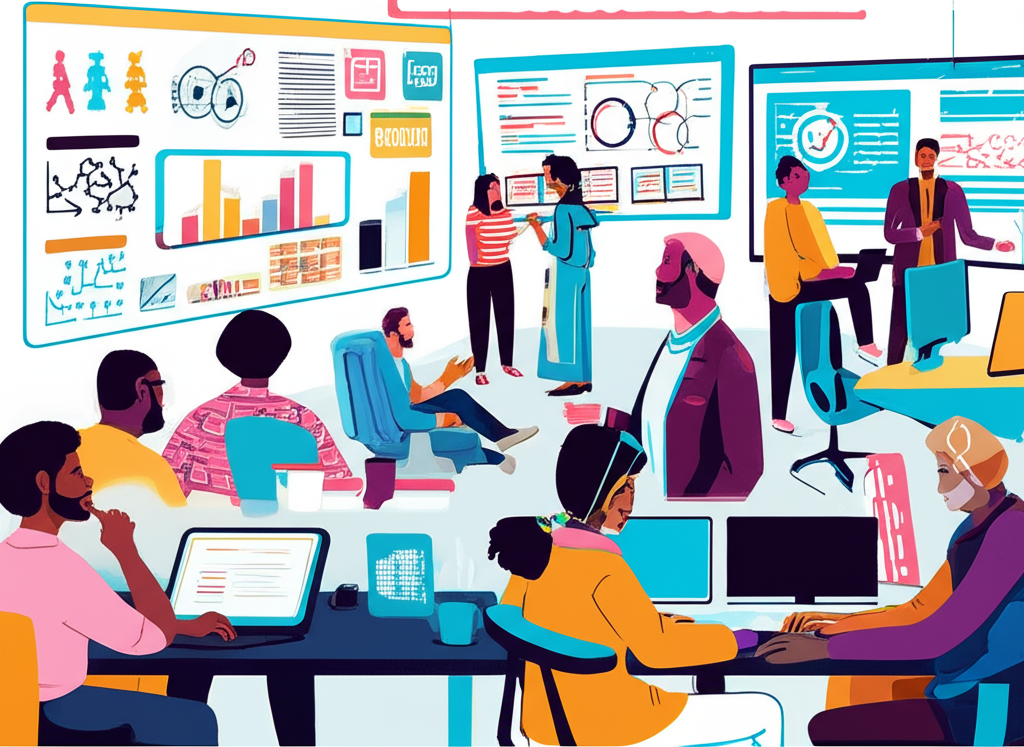 非洲充滿活力的新創生態系統插圖,展示多元企業家與投資者