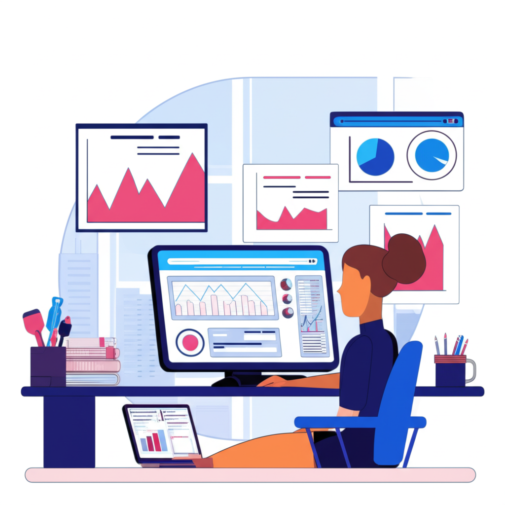 金融分析師在現代辦公室審閱科技股報告的插圖