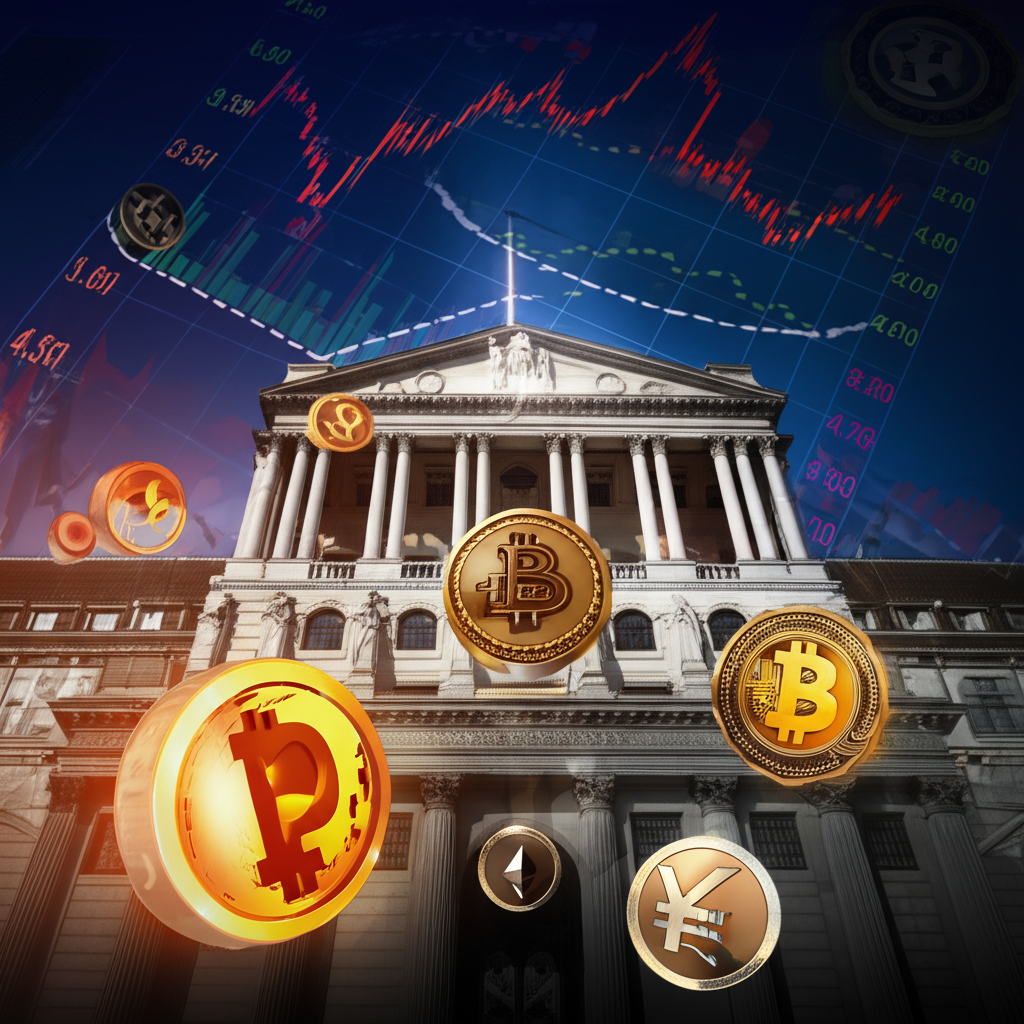 英國央行建築與數位貨幣符號及金融圖表背景的插圖