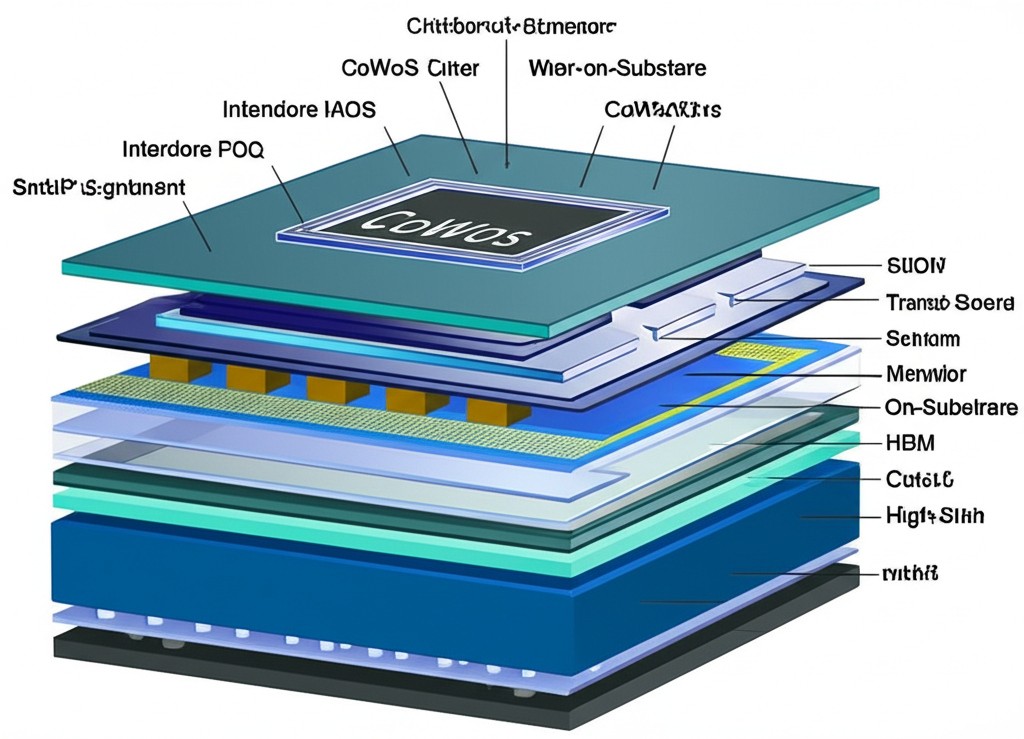 AI晶片先進封裝技術如CoWoS和HBM的示意圖
