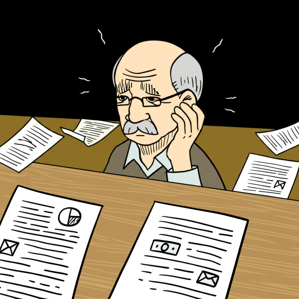 擔心財務狀況的老人散落文件圖