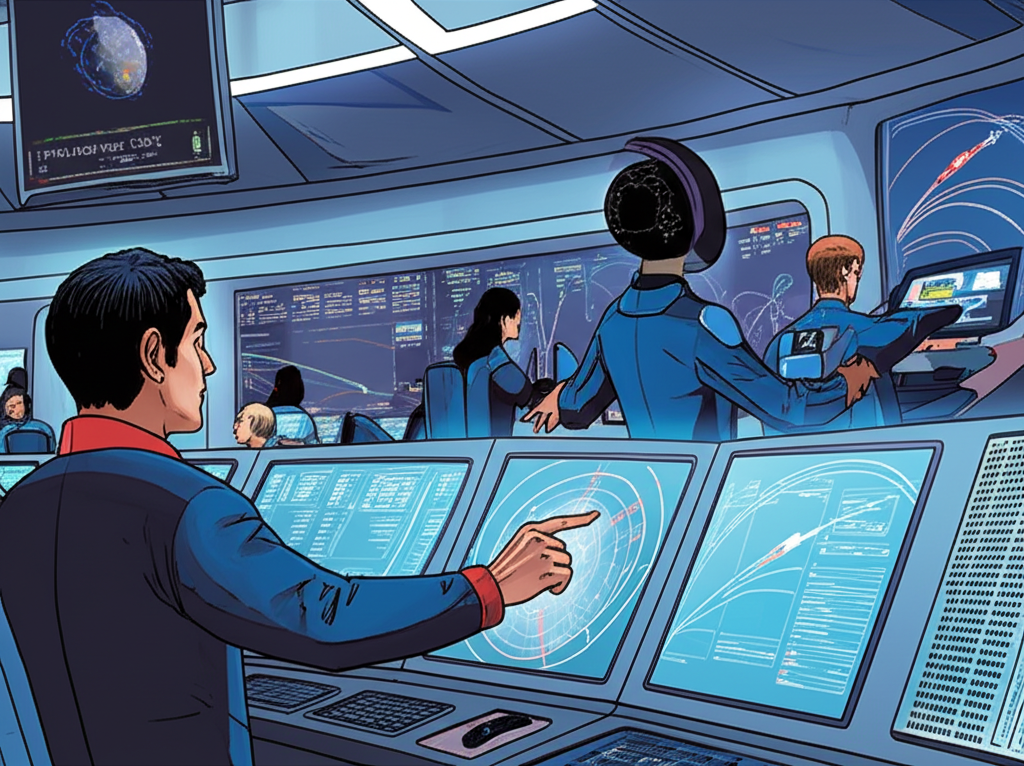 Illustration of Jared Isaacman in a high-tech control room planning a space mission