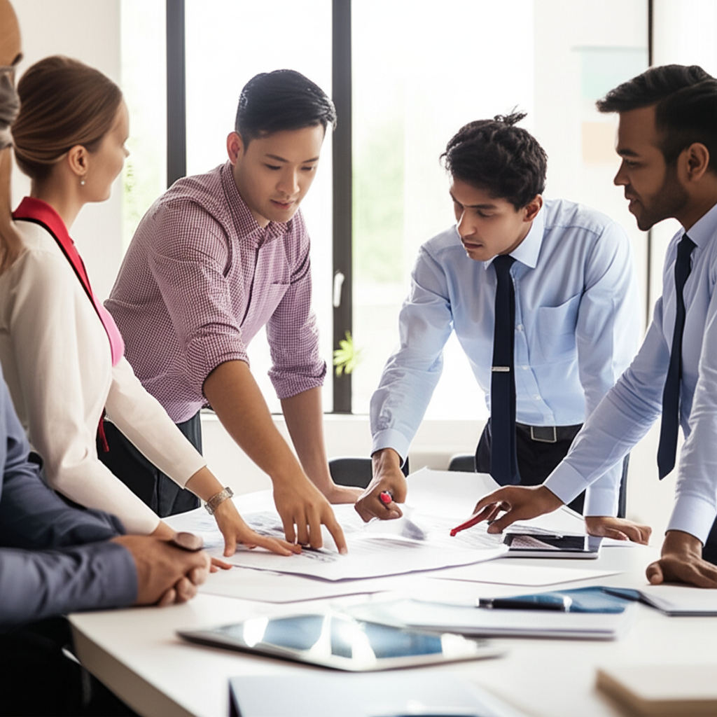 建築師討論新建物最小土地面積規定的規劃會議插圖