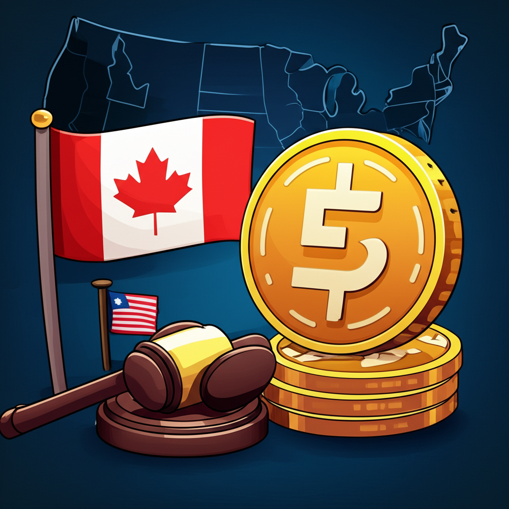 An illustration of Canada contemplating a regulatory framework for stablecoins referencing the United States model and potential legislation