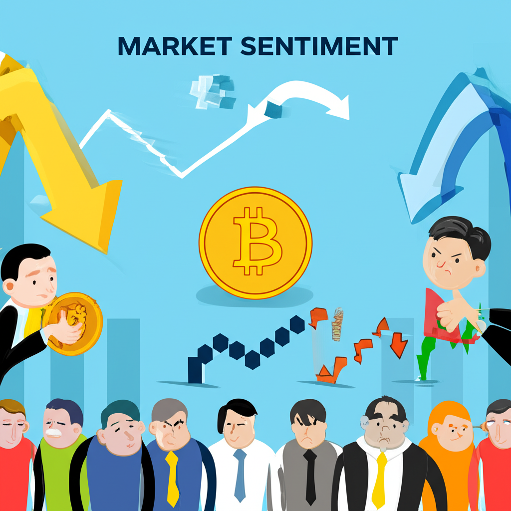 An illustration depicting market sentiment with optimistic and pessimistic investors influenced by Bitcoin's performance