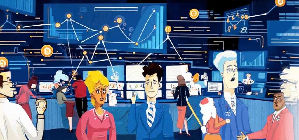 繁忙的加密貨幣市場插圖，交易者關注監管變化和合規機制運作