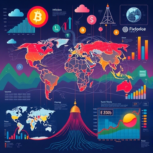 複雜全球經濟景觀插圖，包含通脹圖表、地緣政治地圖與科技創新元素