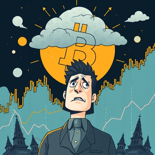 波動的加密貨幣市場插圖,顯示價格急劇下跌圖表與擔憂的投資人,以及比特幣符號背景下的陰影雲層代表不穩定的未來
