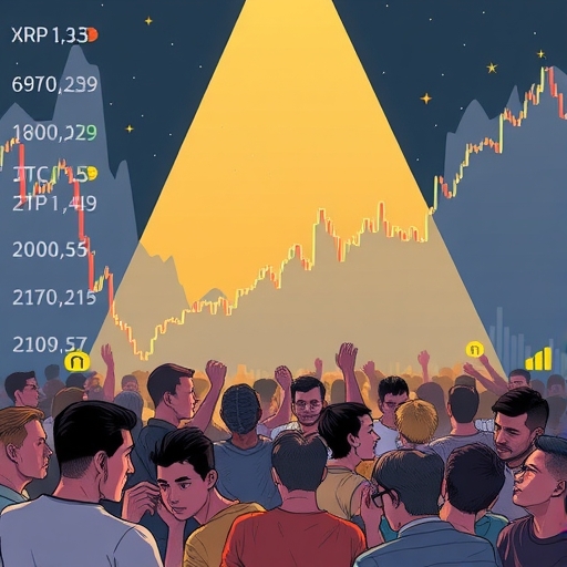 加密貨幣市場波動示意圖,XRP上漲而比特幣和以太坊下跌,投資者群體表現出極度恐懼