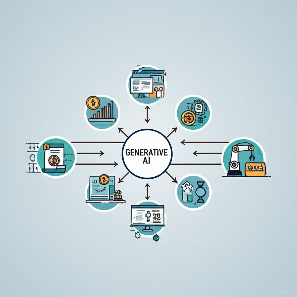 生成式 AI 在商業領域多樣應用的插圖，包括金融、醫療與製造業
