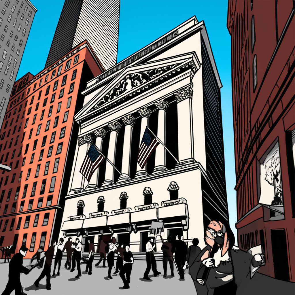 紐約市經濟不平等插圖，包含華爾街標誌與困苦市民元素