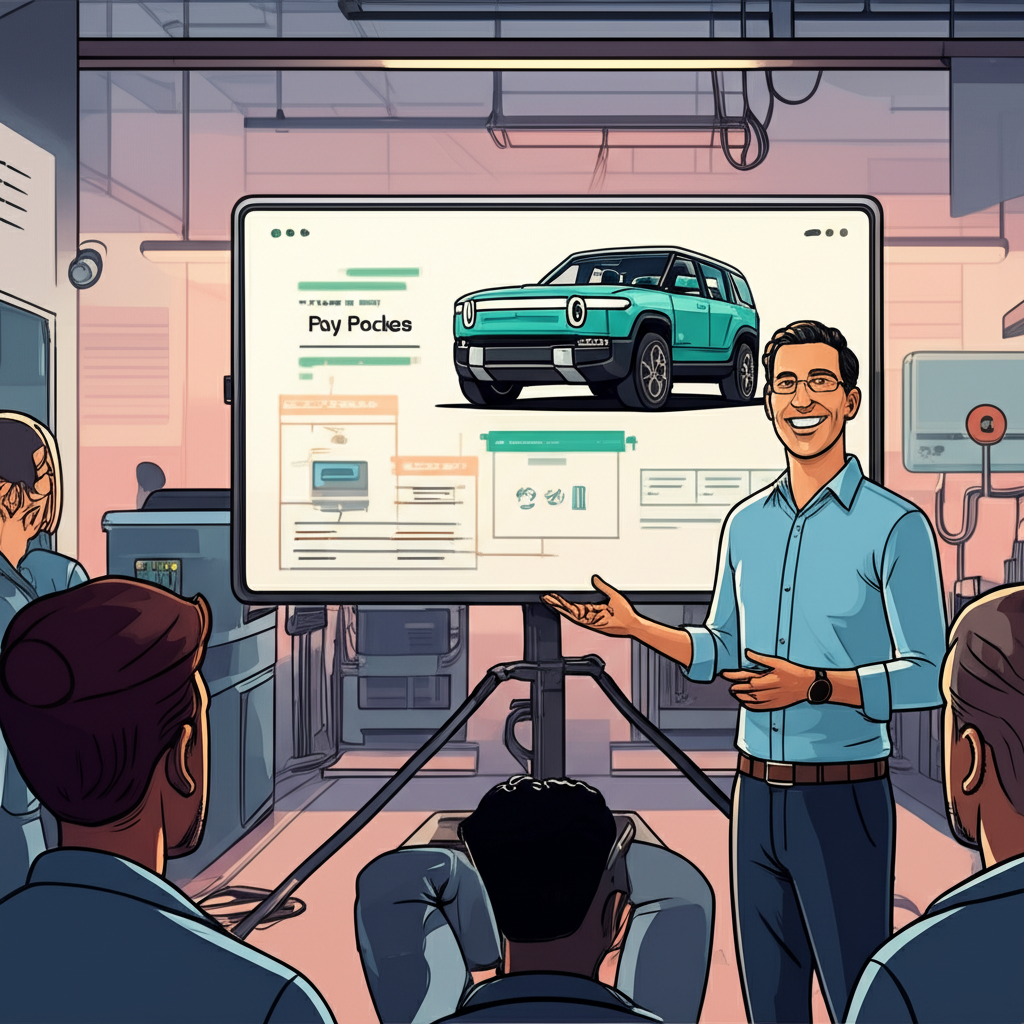 RJ Scaringe 自信呈現突破性薪酬方案給 Rivian 團隊的插圖，背景為電動車製造環境