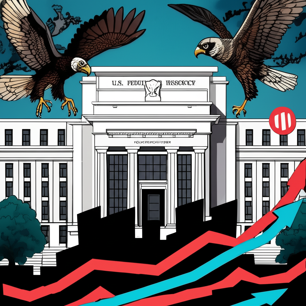 美國聯準會的象徵圖像，以鷹派元素代表緊縮政策，以及上升的就業指標