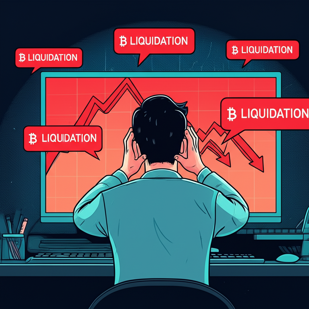 交易員面對暴跌的比特幣價格圖表和清算通知