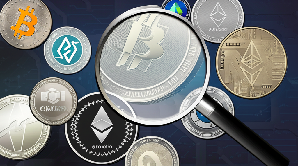 低市值加密貨幣的藝術呈現,透過放大鏡突顯其潛力與挑戰於充滿活力的數位景觀中