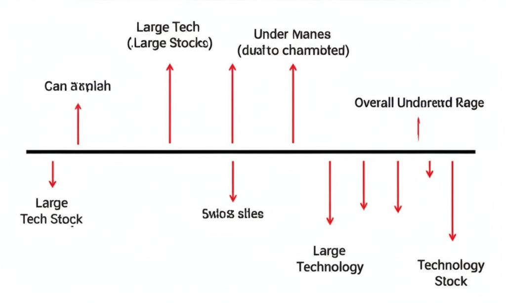 市場廣度示意圖，箭頭標示大型科技股與整體市場表現差異