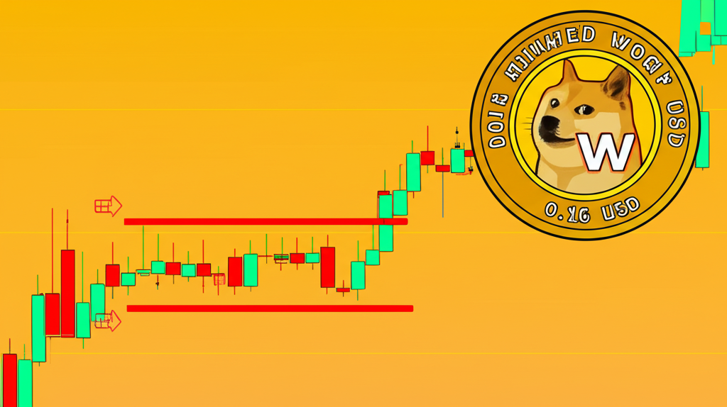 A vibrant illustration of Dogecoin price chart showcasing fluctuations around 0.16 USD support level with attention-grabbing effects