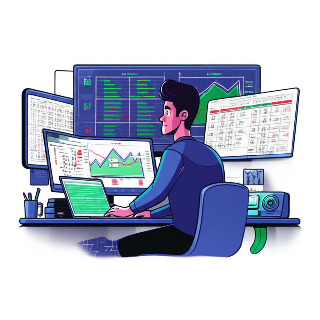 交易員分析圖表探討股票波動複雜性的插圖