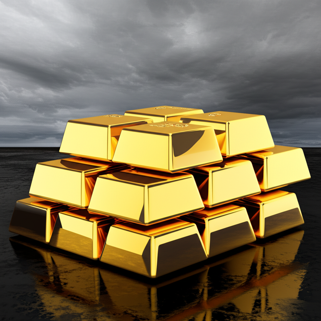 黃金條堆疊象徵終極低信任資產，在陰雲密布的經濟背景下閃耀