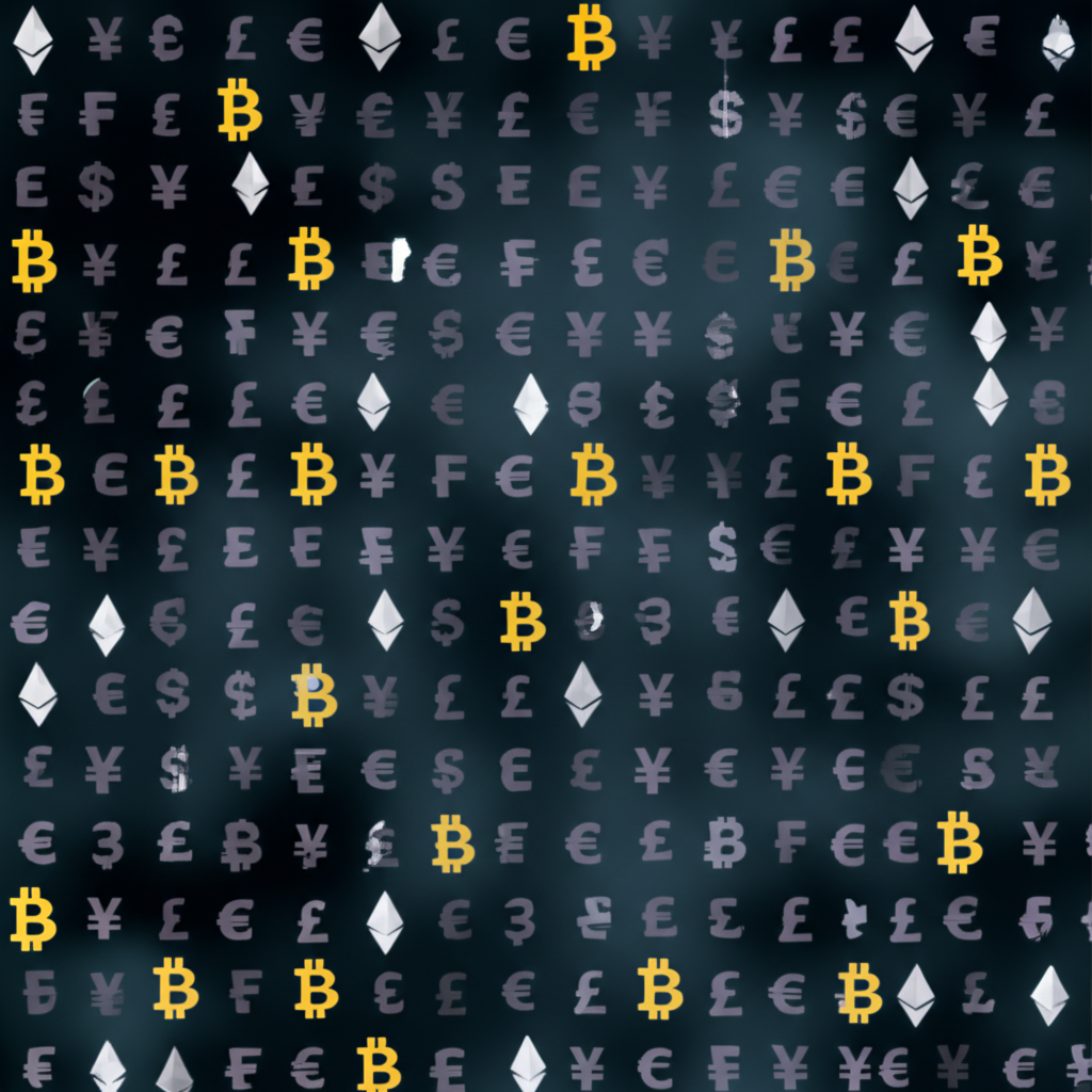 An illustration representing cryptocurrency volatility with digital currency symbols flying around