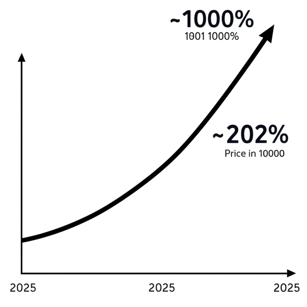 比特幣價格上漲插圖，強調近10,000%增長至2025年