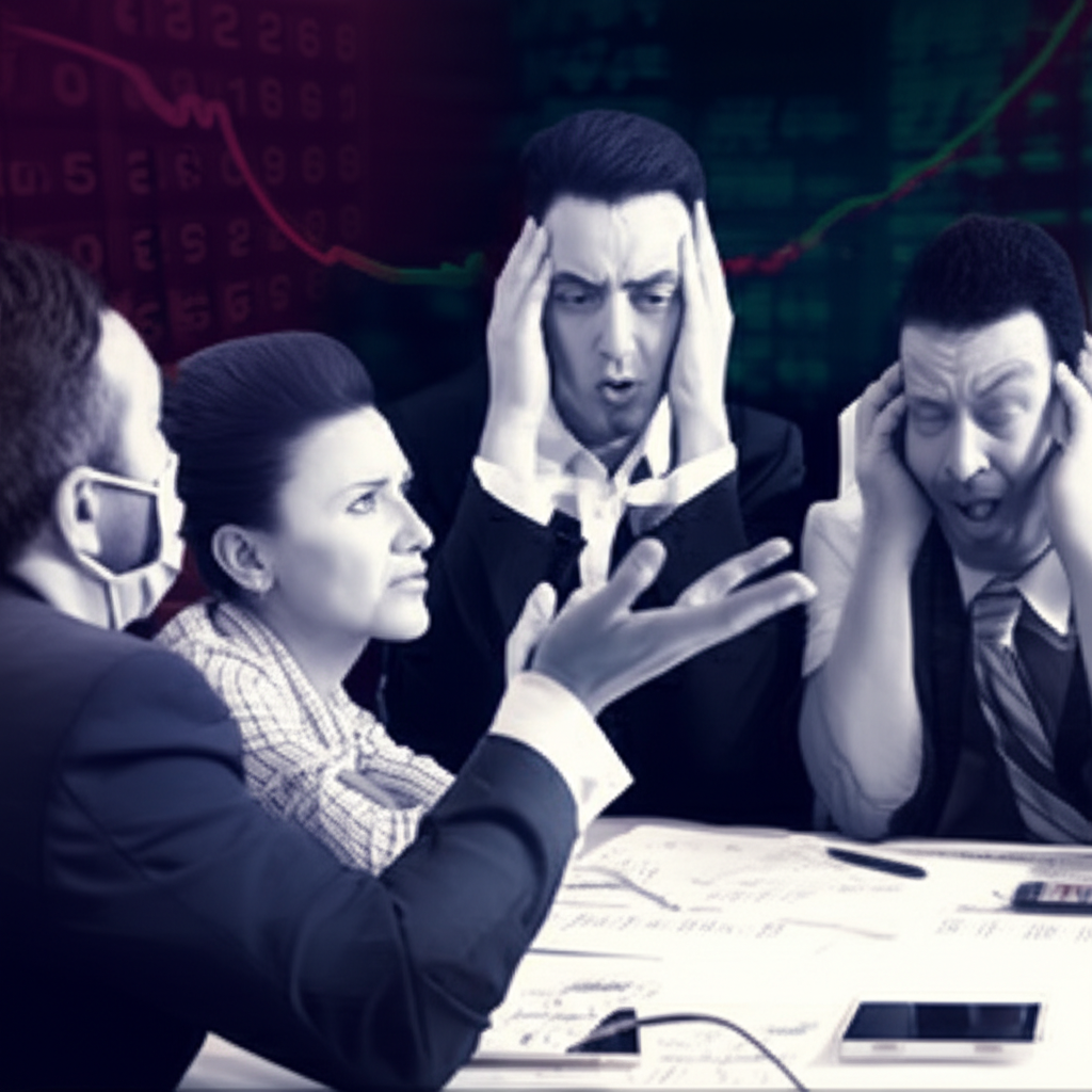 A visual representation of a stock market correction debate among investors with elements of fear and uncert<a href=