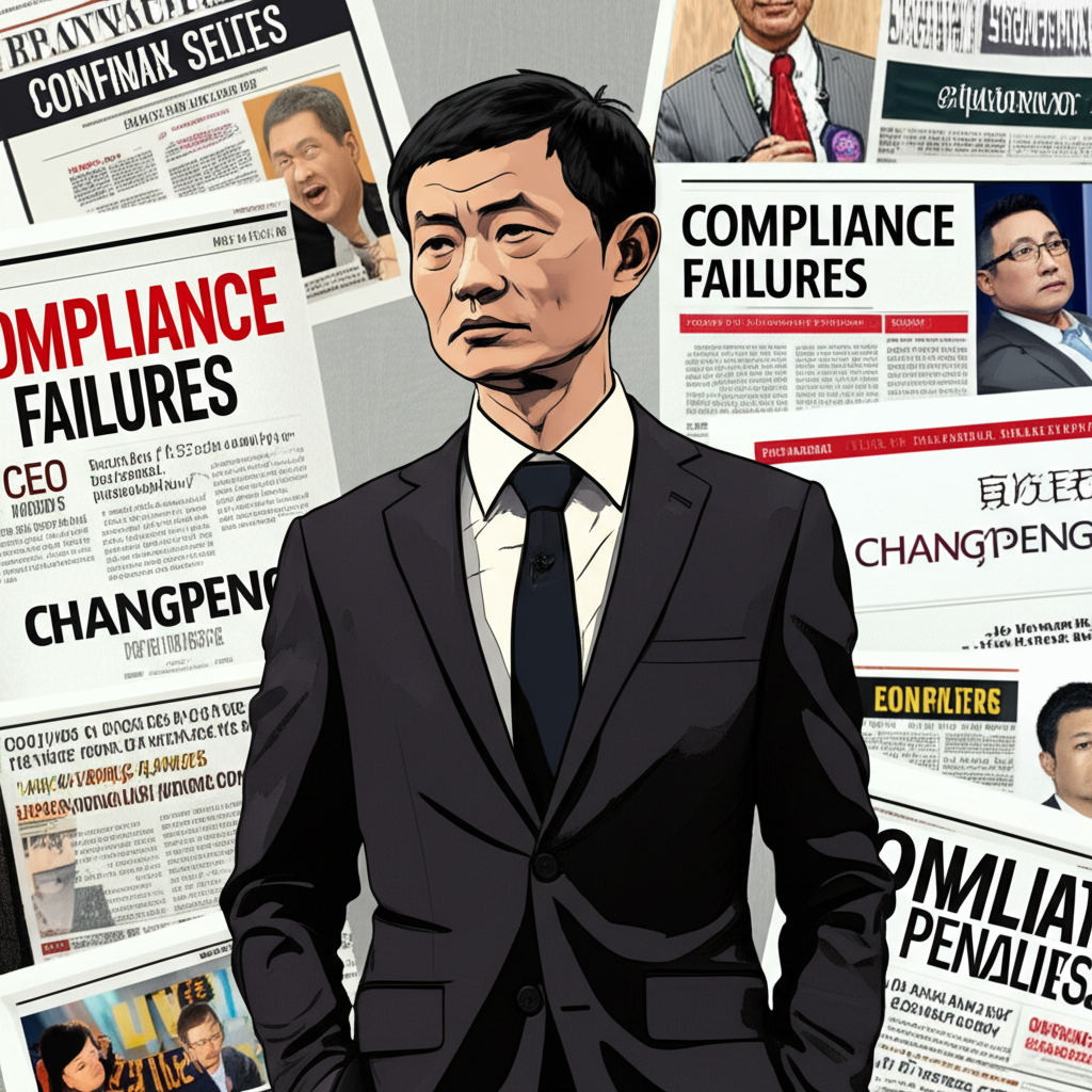 趙長鵬辭去執行長職務的插圖，周圍環繞合規失敗和罰款頭條