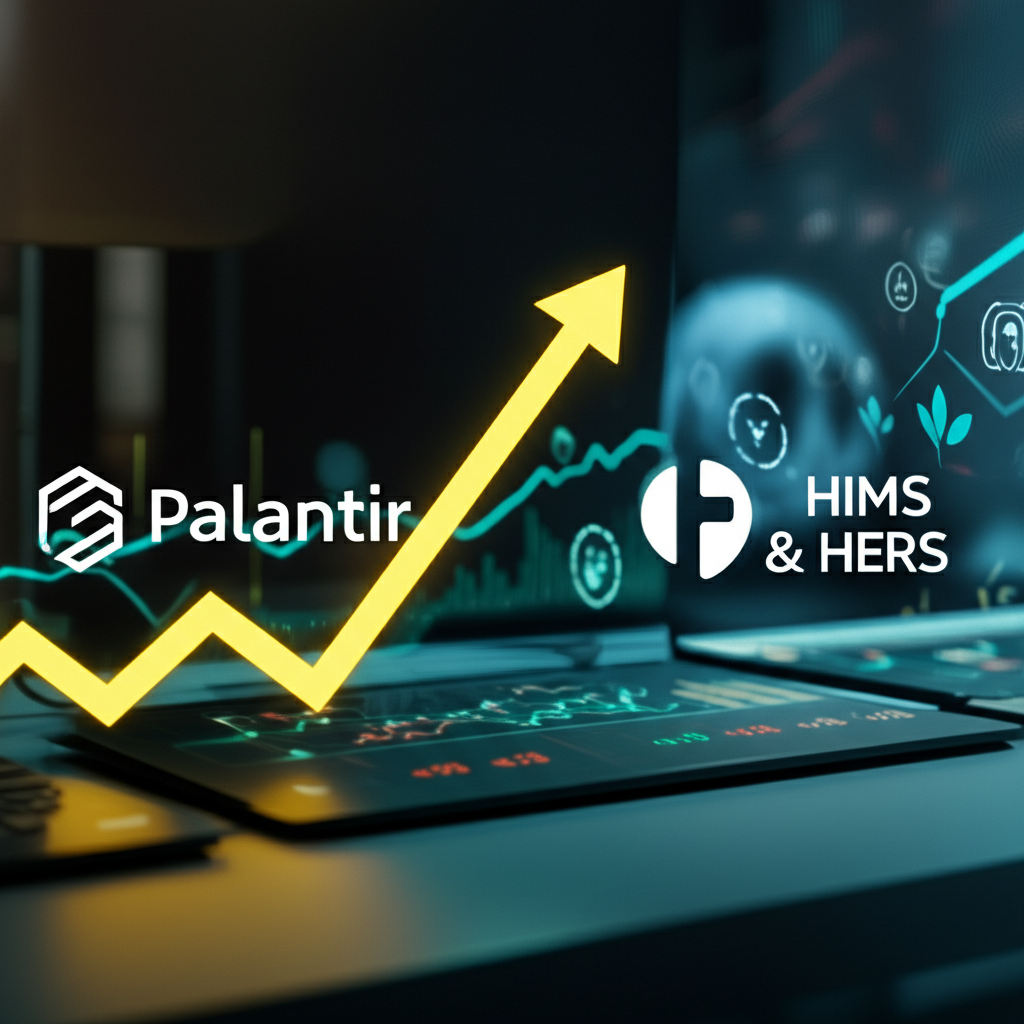 Palantir與Hims & Hers強勁股價表現的活力描繪，融入科技與健康服務元素