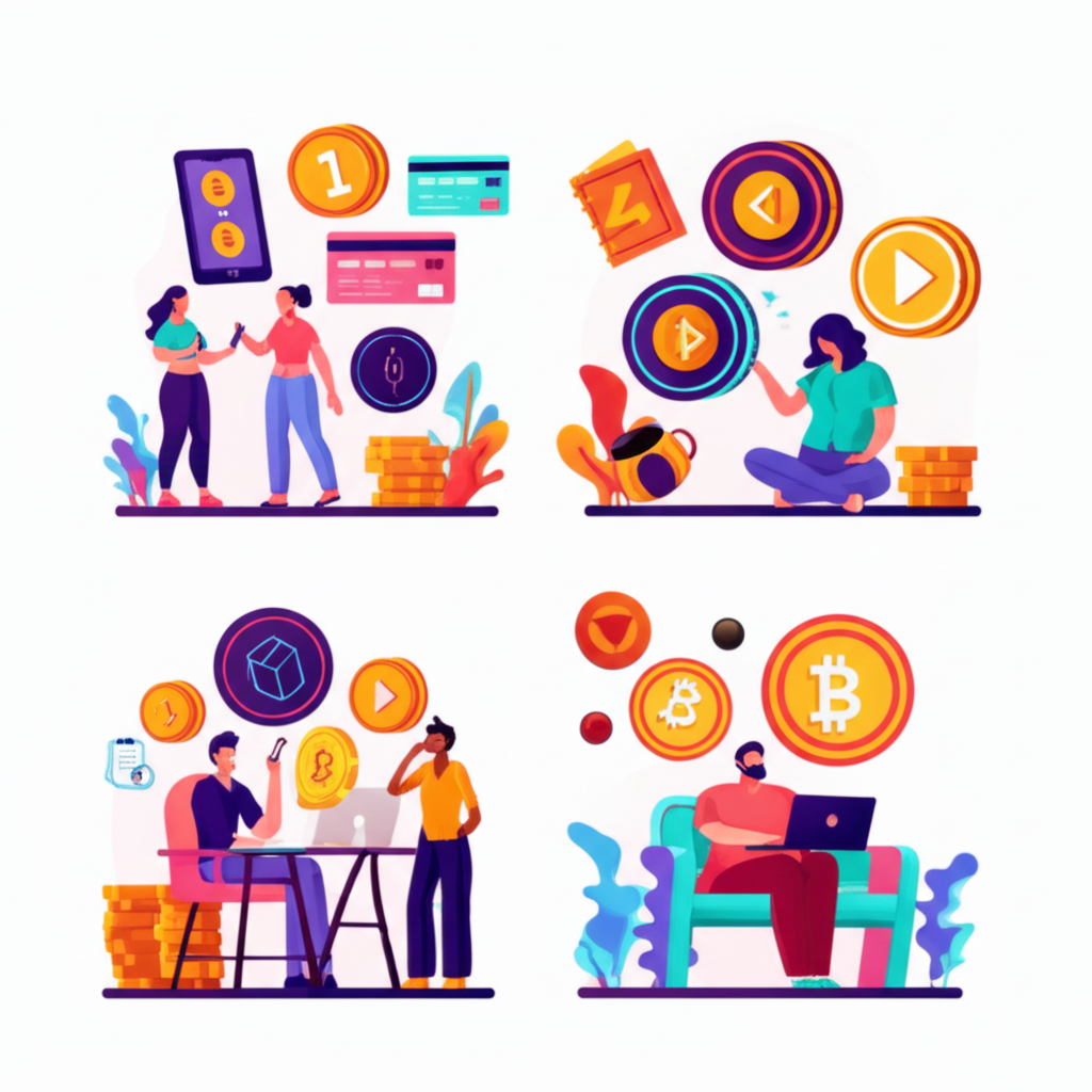 多樣人群在日常情境中使用數位資產與加密貨幣的插圖