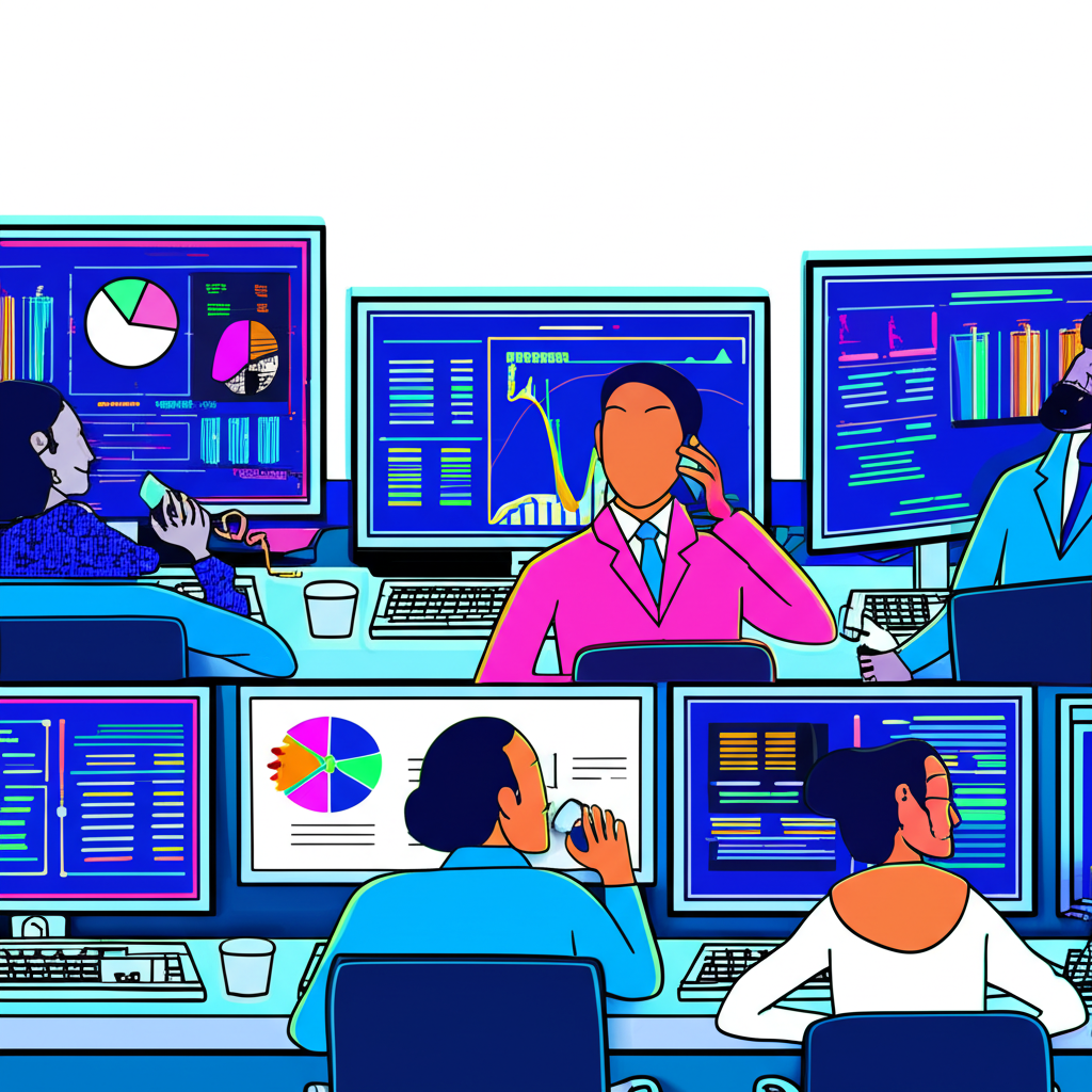 交易者實施對沖策略，使用期貨合約和期權，在忙碌的交易辦公室中運作