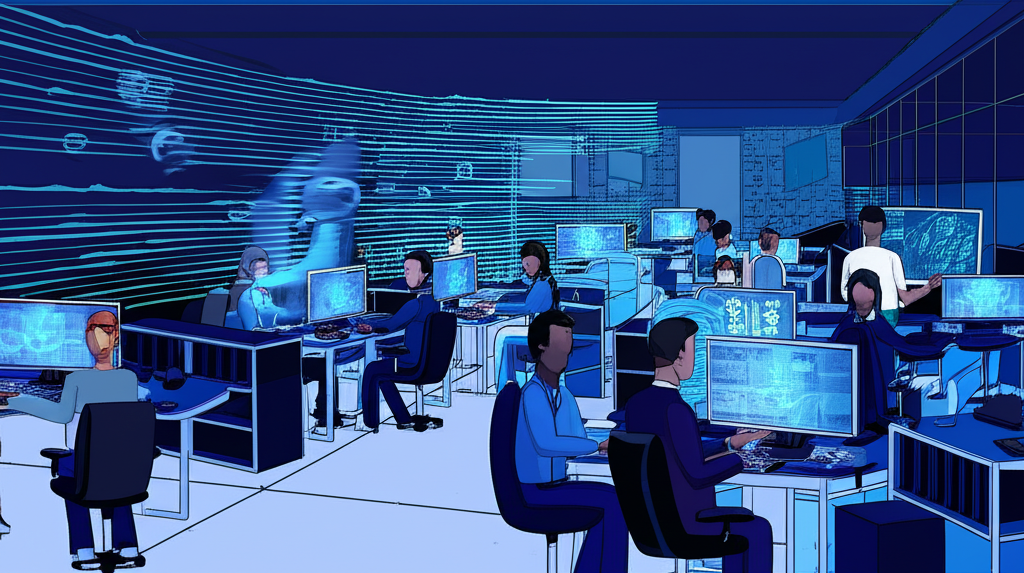 繁忙辦公室環境中員工使用高速 DOCSIS 4.0 網路連線,展示生產力和效率