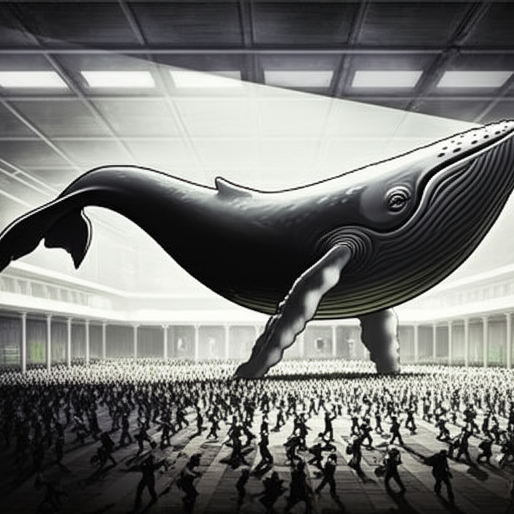 巨鯨象徵比特幣影響市場趨勢的戲劇場景,小投資人在繁忙交易所環境中反應