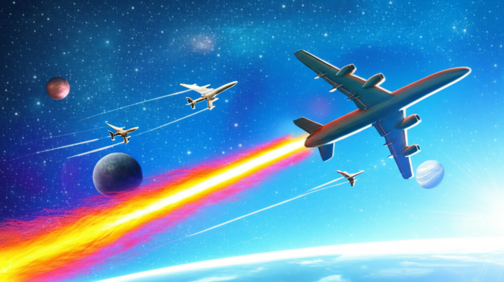 航太產業場景藝術圖,包含飛機與太空探索元素,象徵成長潛力