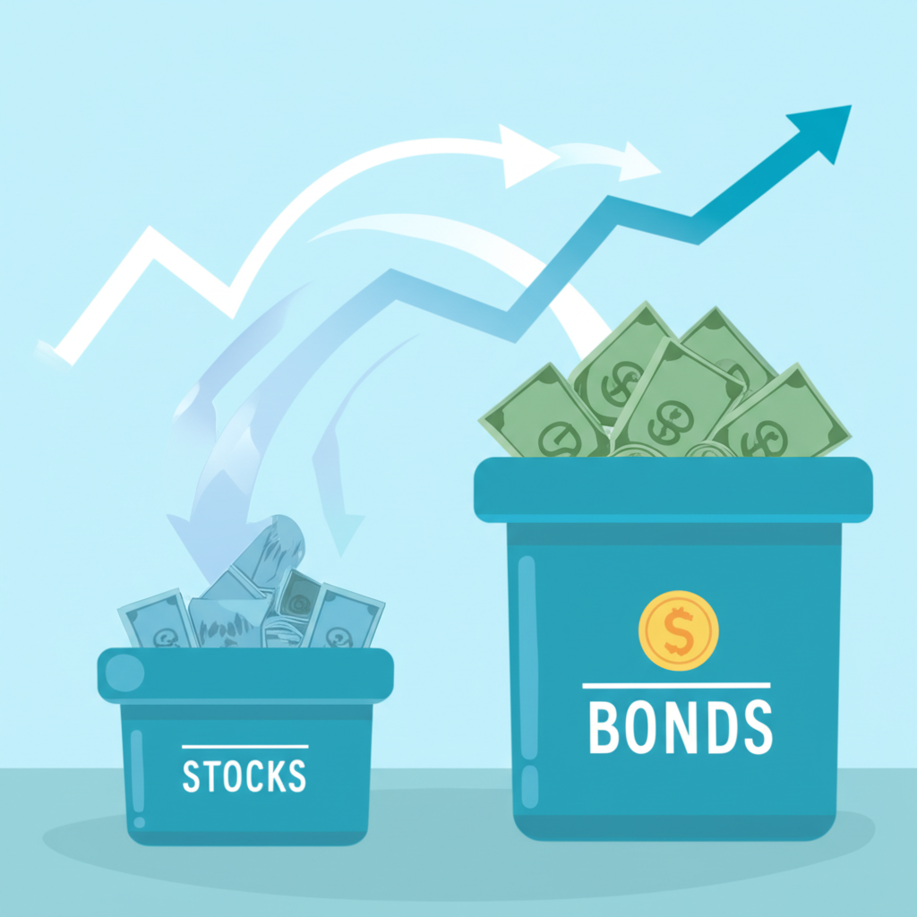 An illustration depicting investors shifting their portfolios from stocks to bonds with an emphasis on stability in high interest rate scenarios