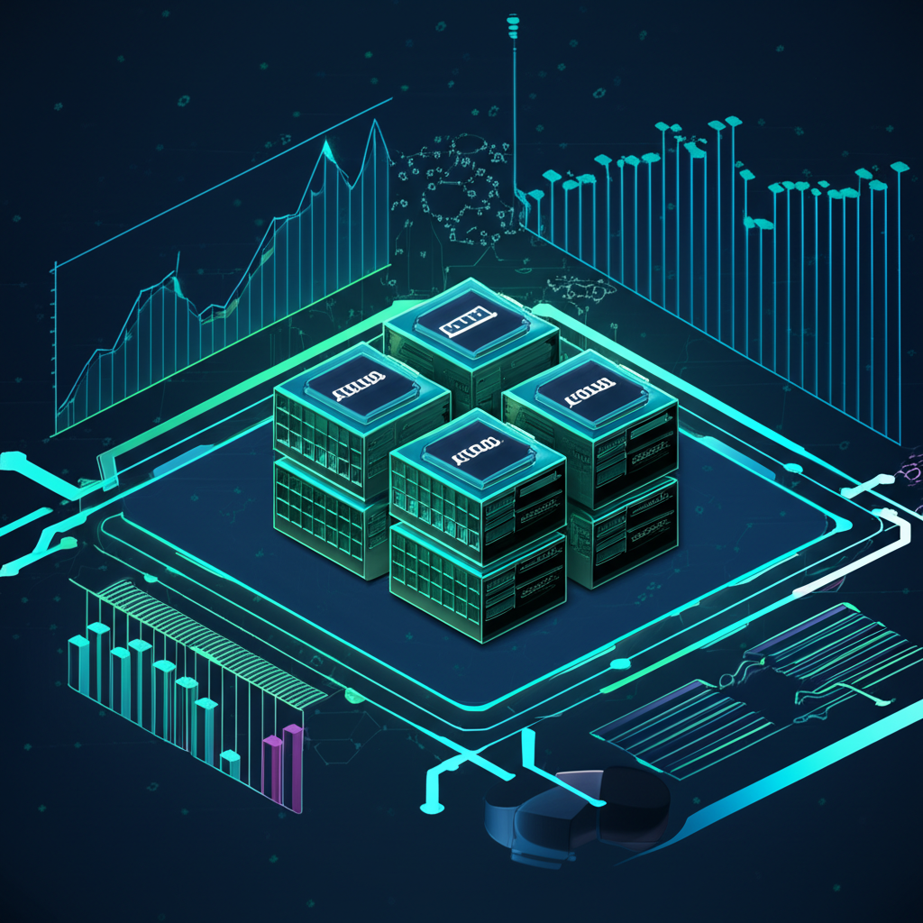 NVIDIA GPU 在 AI 應用中的使用,周圍環繞市場趨勢圖表的插圖