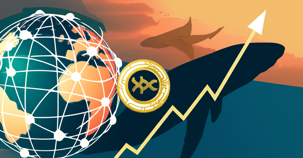 XRP潛力成長插圖,包含跨境支付和大鯨魚活動視覺元素