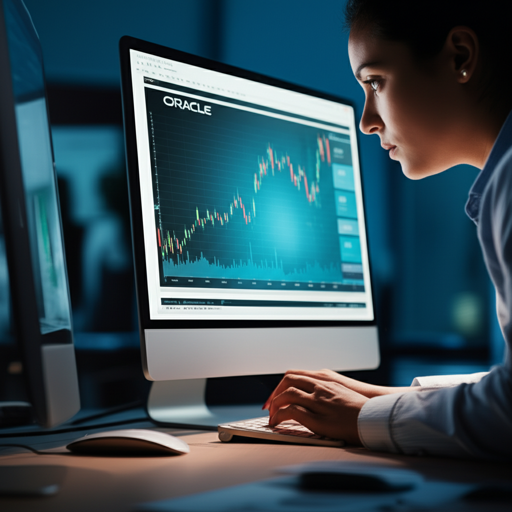 分析師審視Oracle股票表現資料的藝術圖像,螢幕上顯示Oracle品牌