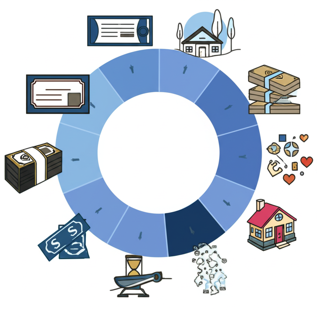 多元投資策略圖示，包括債券、房地產與另類資產，展示風險分散