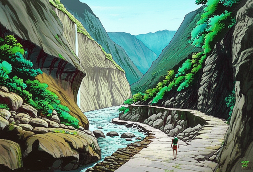 太魯閣國家公園白楊步道的景觀插圖，突顯美景與新地質特徵