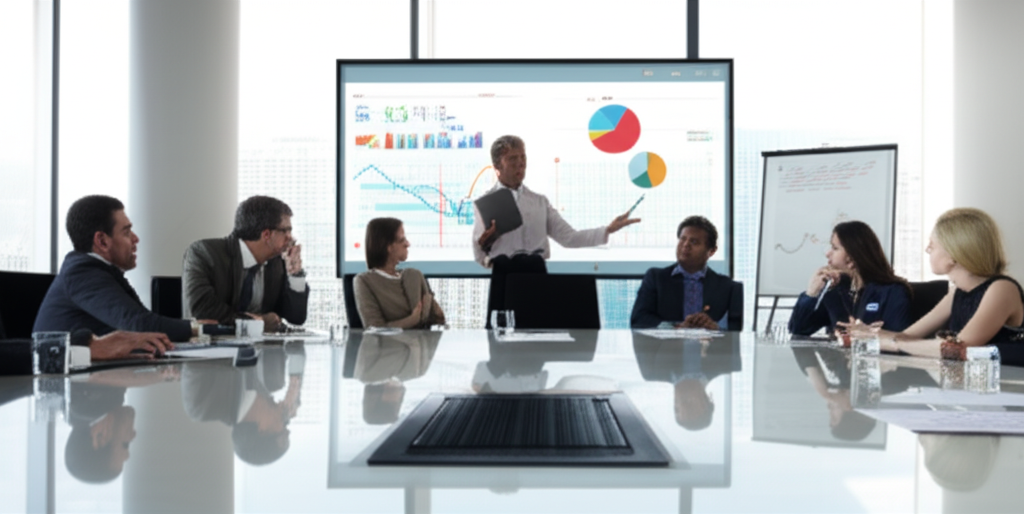 illustration of investors in a conference room discussing market changes