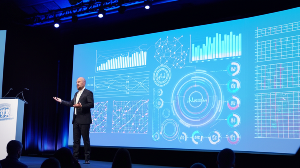 金融分析師在投資者日活動中展示圖表與 AI 技術